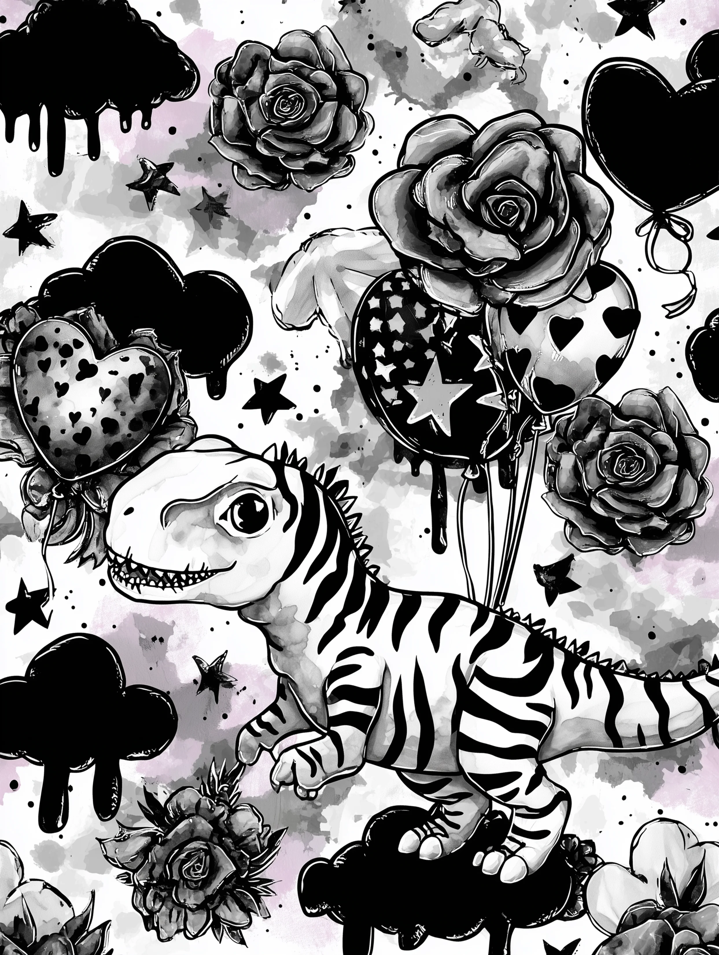 Free printable dinosaur coloring page for adults featuring a party scene with a dinosaur